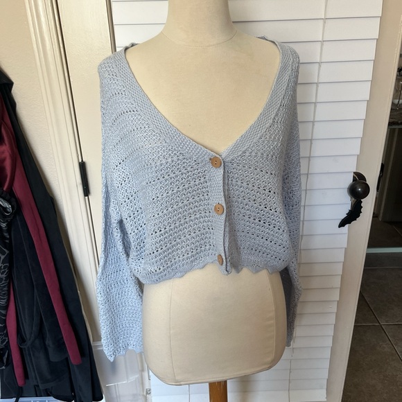 Pink Rose Light Blue Button-Up crochet Cardigan - Picture 1 of 3